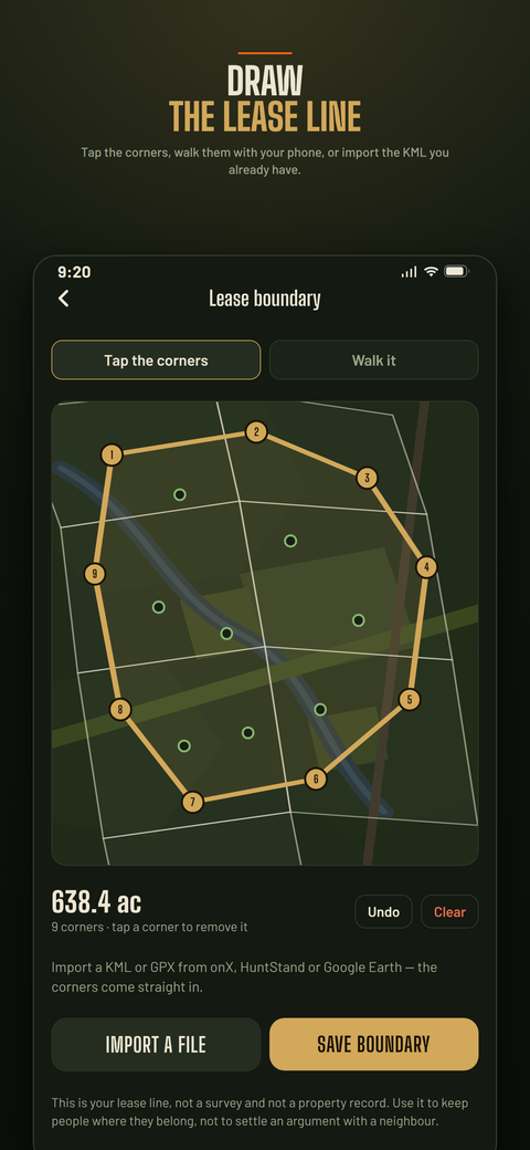 Drawing the lease boundary on the satellite map, with the enclosed acreage shown.