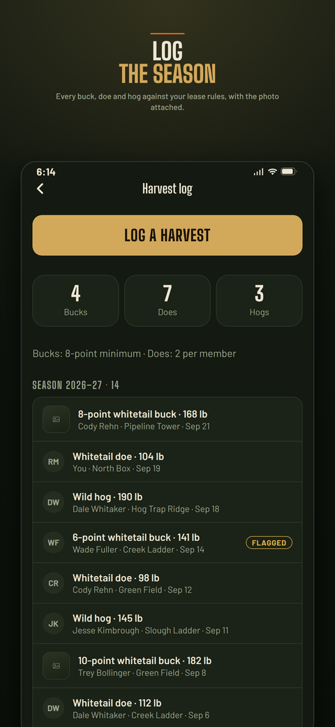 Harvest log entries with stand, weight and tag number.
