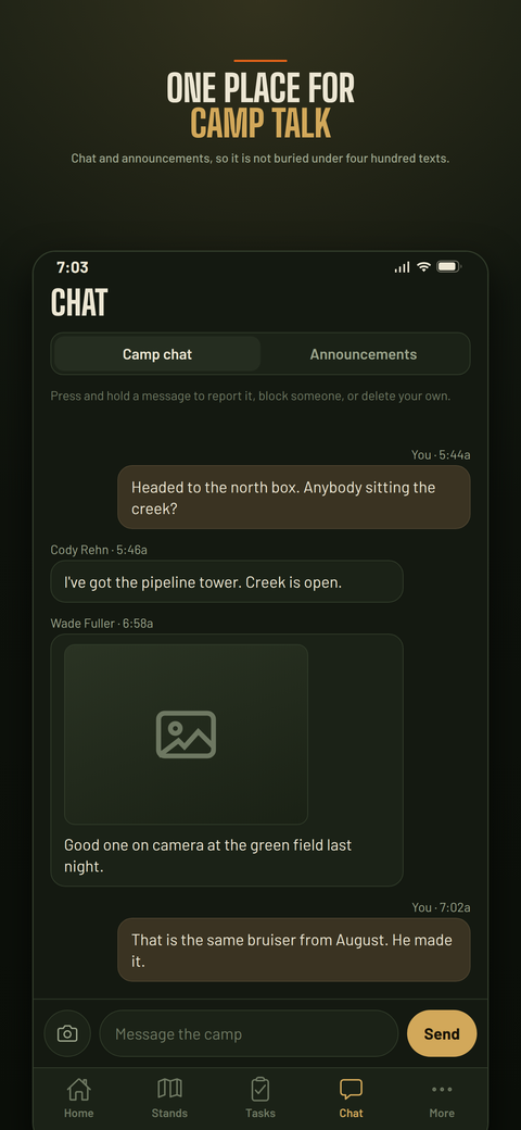 Camp chat and manager announcements.